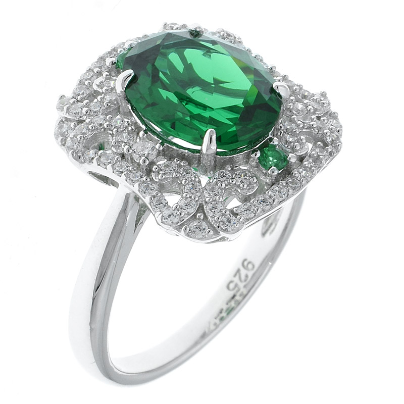 Women Rhodium Plated Filigree Ring With Green Nano
