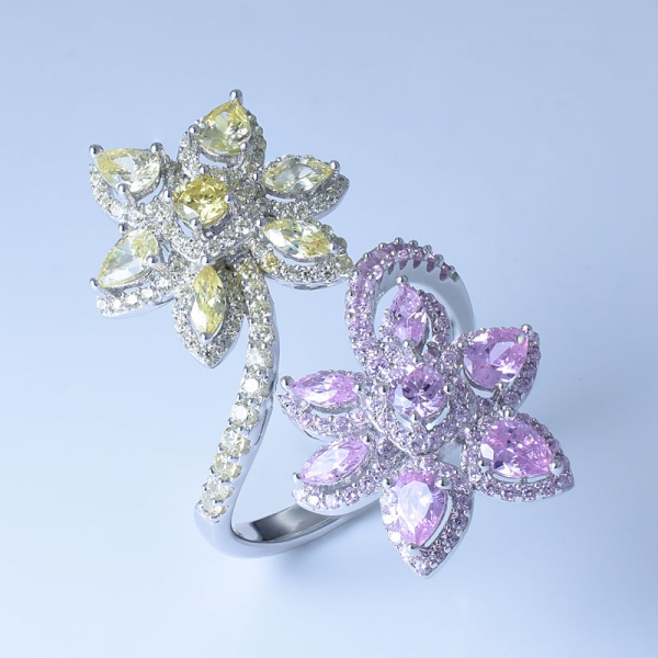 色とりどりのcz / nanoの925純銀製の美しい二重花のリング 