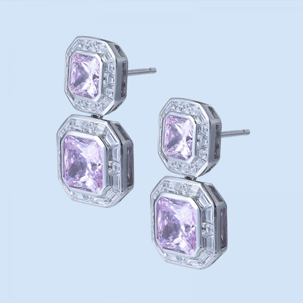 プリンセスピンクダイヤモンド模造ロジウムシルバーイヤリング 
