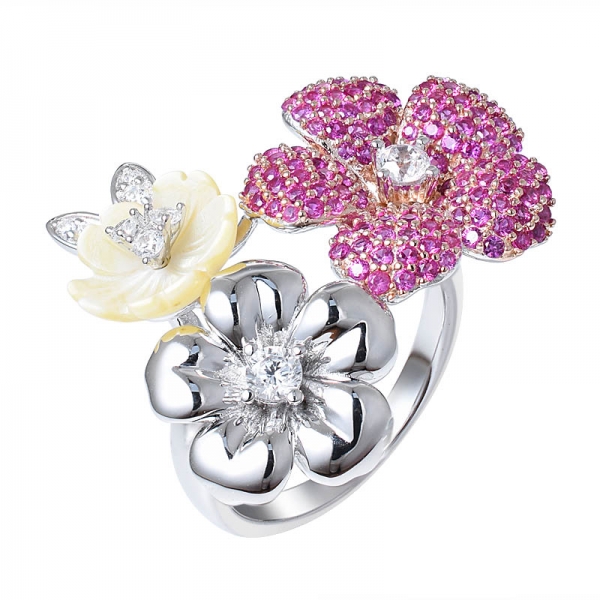 工場卸売合成ルビー赤コランダムズダイヤモンド3つの花の形状の結婚式リング 