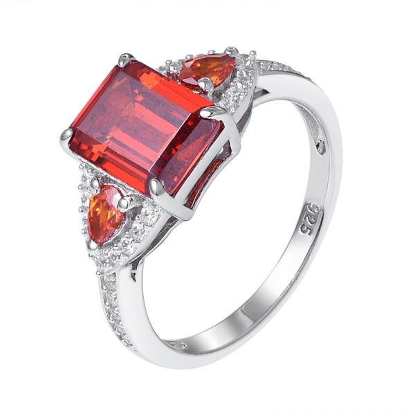 エメラルドカットオレンジ CZ スターリングシルバーのロジウム3石結婚指輪 
