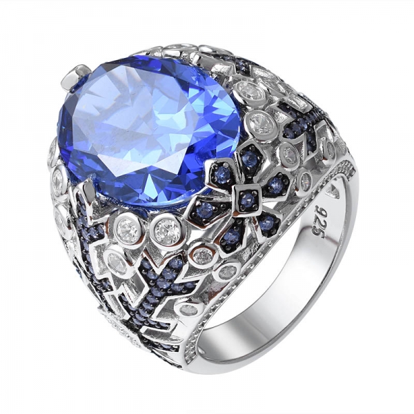 楕円形のカットが青を作成 タンザナイト スターリングシルバーの婚約指輪にストーン2トーンメッキ 