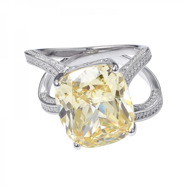 クッションカットイエローダイヤモンド作成 925 スターリングシルバーの結婚指輪 