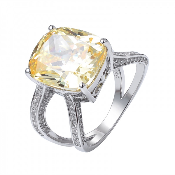 クッションカットイエローダイヤモンド作成 925 スターリングシルバーの結婚指輪 
