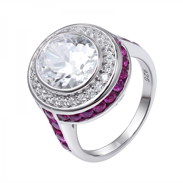 オーバルカットホワイト CZ ＆ルビー 925 以上のコランダムロジウムスターリングシルバーの婚約指輪 