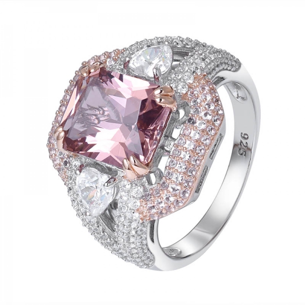 ピンクのモルガナイトプリンセスカットを作成 2トーン スターリングシルバーの婚約指輪にメッキ 