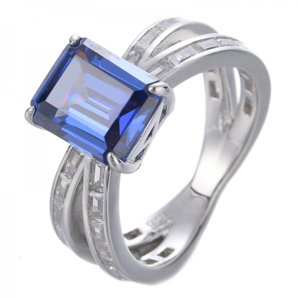 ホワイト ゴールド 8*10 mm エメラルド カット ブルー タンザナイト 12 月の宝石ダイヤモンドの婚約指輪
 