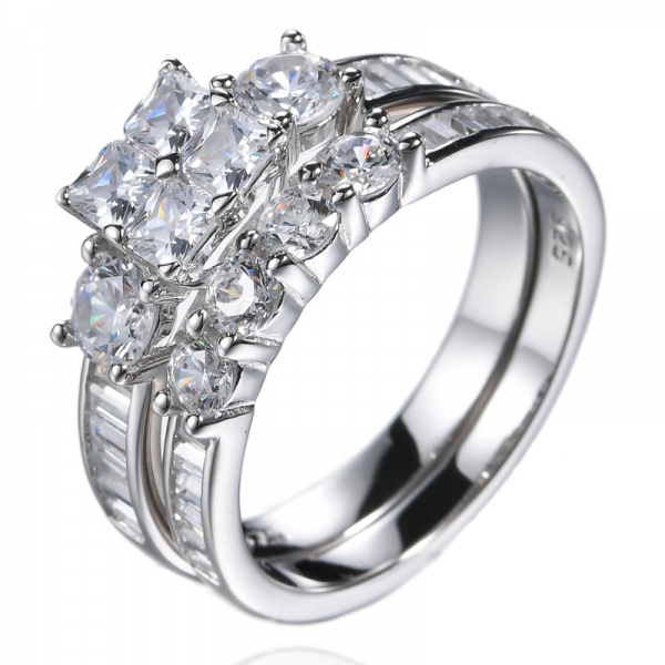 スターリング シルバー プリンセス カット キュービック ジルコニア CZ 結婚婚約指輪セット
 