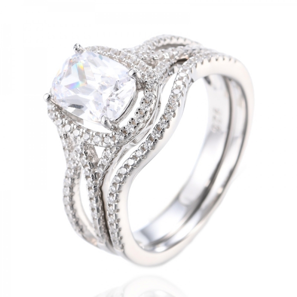 925クッションホワイトキュービックジルコニアセンターシルバー結婚指輪セット
 