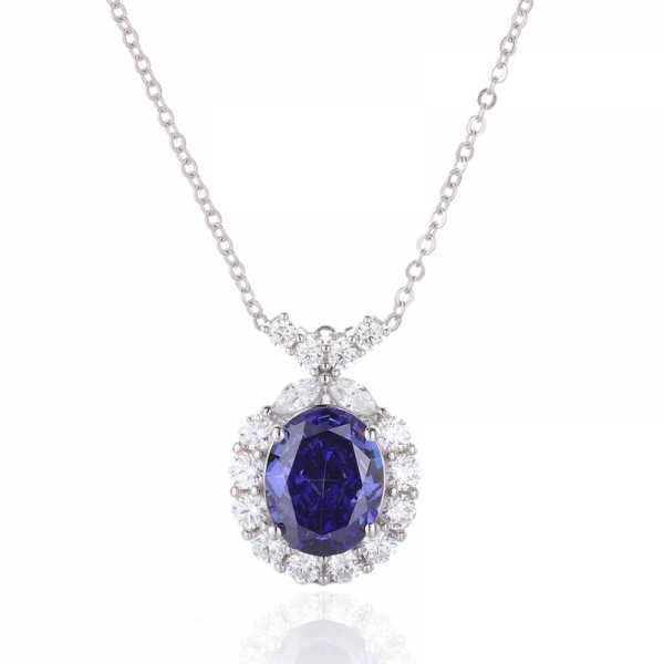 Oval Shape Tanzanite And White Cubic Zircon Rhodium Silver Pendant 