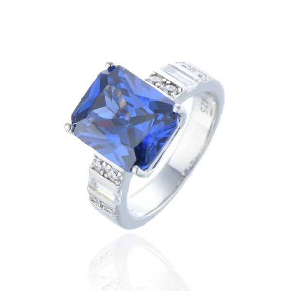 925 Octagon Tanzanite And White Cubic Zircon Rhodium Silver Ring 