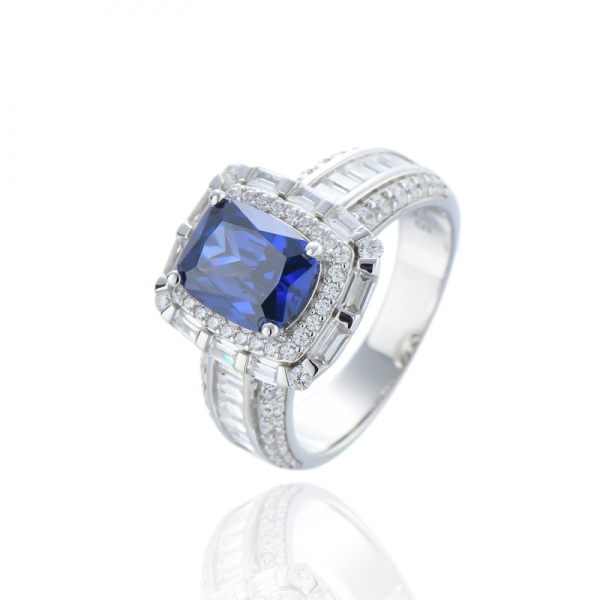 Cushion Tanzanite And White Cubic Zircon Rhodium Silver Ring 