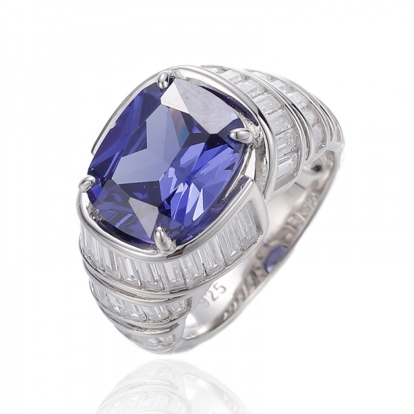 Cushion Tanzanite And White Cubic Zircon Rhodium Silver Ring 