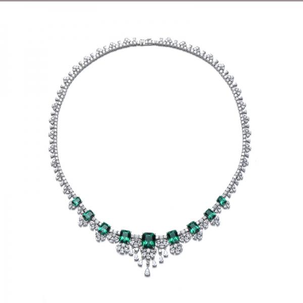 Octagon Green Nano And White Cubic Zircon Rhodium Silver Necklace 