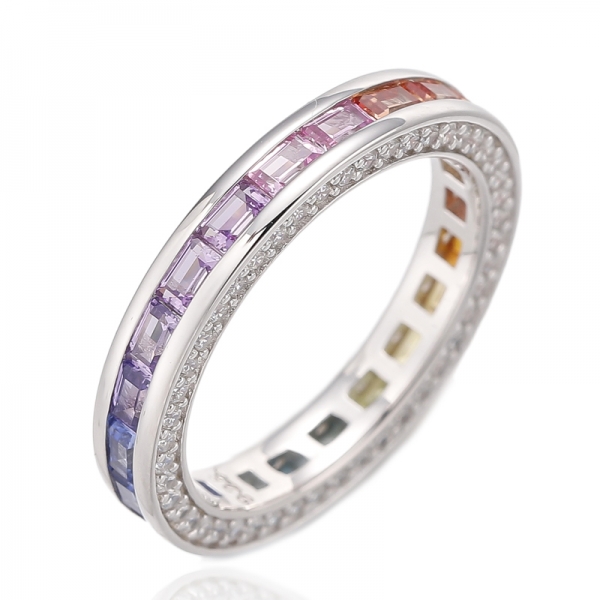 バゲットレインボー＆ラウンドホワイトキュービックジルコンロジウムシルバーエタニティリング 