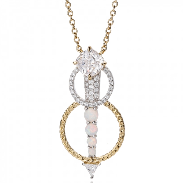 ラウンドオパールとクッションホワイトキュービックジルコンのシルバーペンダント（ツートンメッキ） 