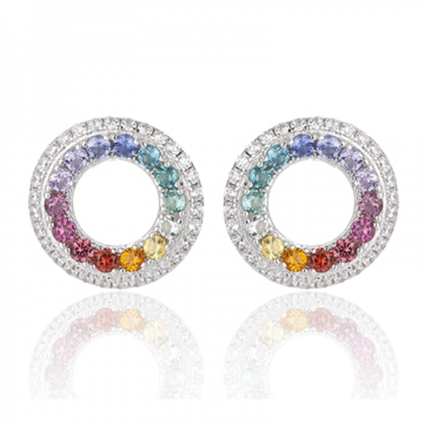 ラウンドレインボー＆ホワイトキュービックジルコンロジウムシルバーイヤリング 