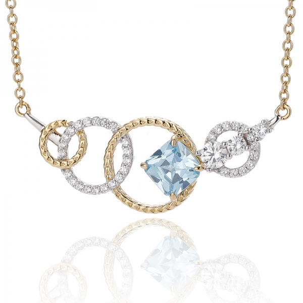 925ラウンドオパールとクッションホワイトキュービックジルコンシルバーペンダント、ツートンメッキ 