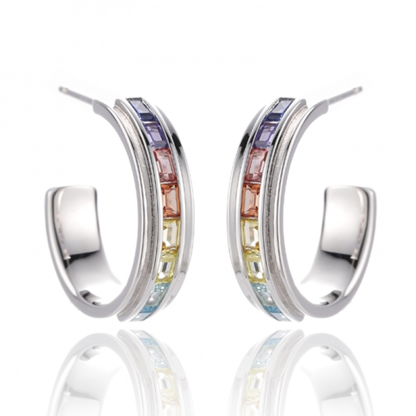 バゲット レインボー キュービックジルコン ロジウムシルバー イヤリング 