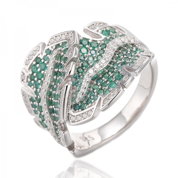 925ラウンドグリーンナノ＆ホワイトキュービックジルコンロジウムシルバーリング 